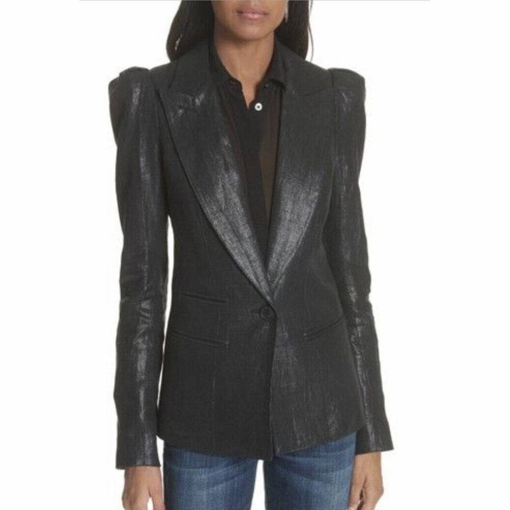 Smythe SS/18 Box Pleat Black Luster Linen Puff-Sleeve Blazer